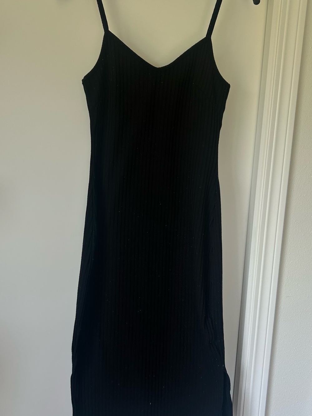 Say What? Black Ribbed Midi Slip Dress with Thin Straps